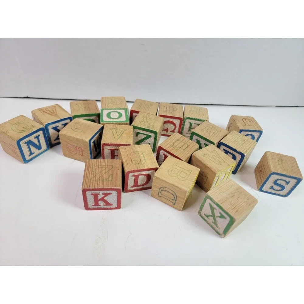 Wooden Alphabet ABC Blocks Vintage Style Colored Letter Learning Toy Lot